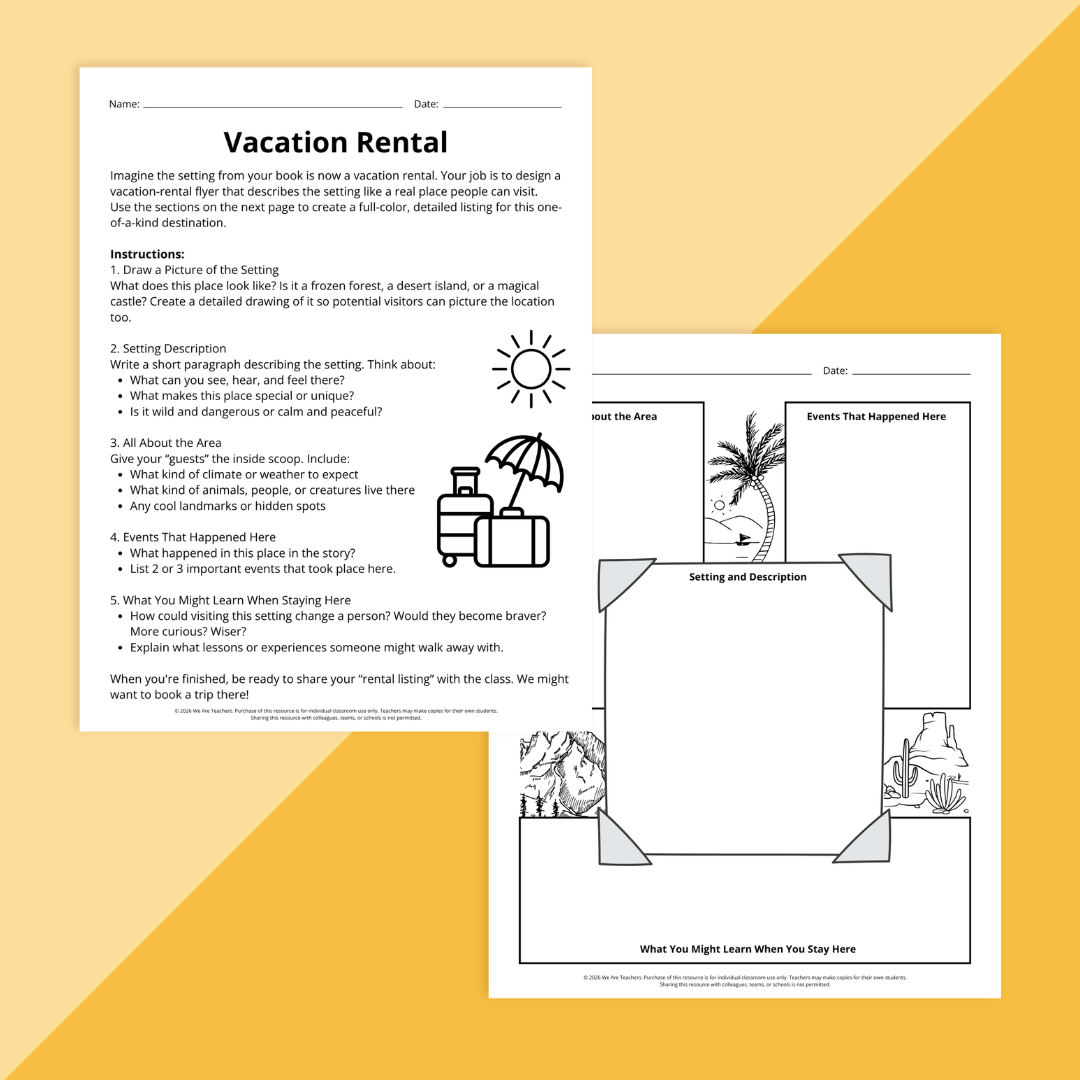 Flay lay of book report template worksheets and slides on a yellow background
