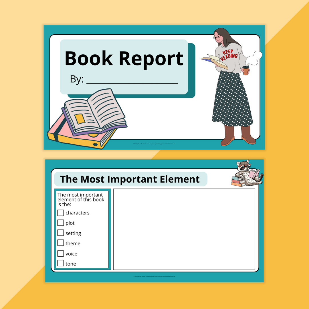 Flay lay of book report template worksheets and slides on a yellow background
