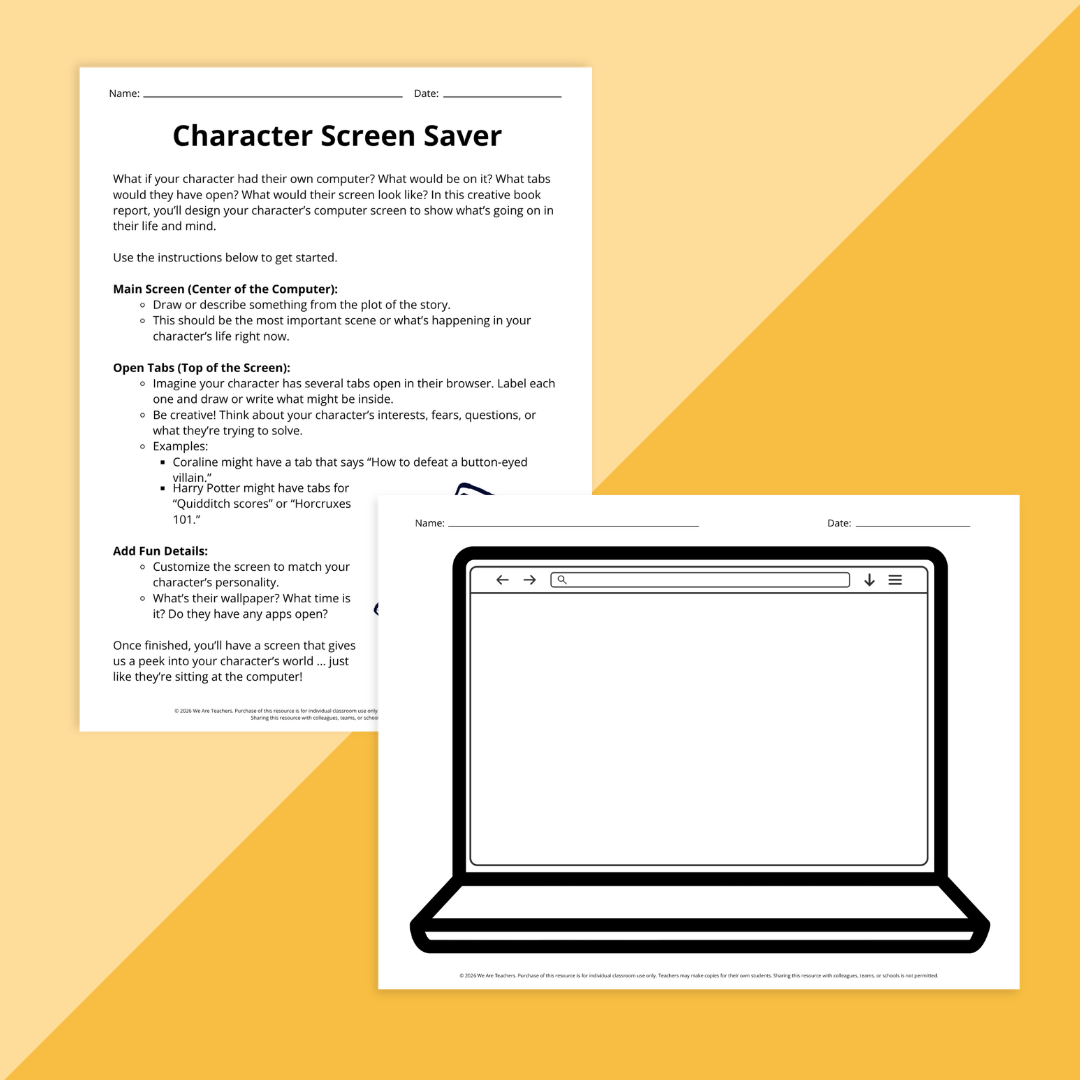 Flay lay of book report template worksheets and slides on a yellow background