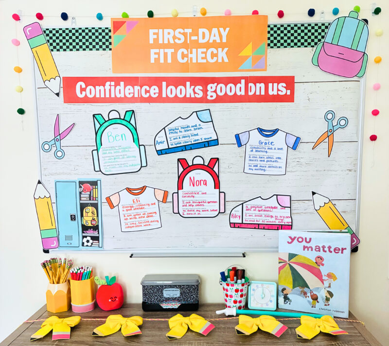 Back-to-School Bulletin Board Kits an image of a first-day fit check bulletin board printable kit