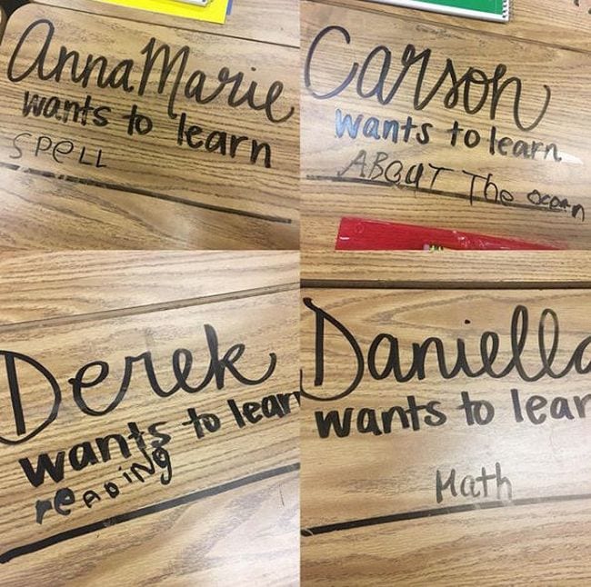 Expo marker with words _____ wants to learn.... on different student desks