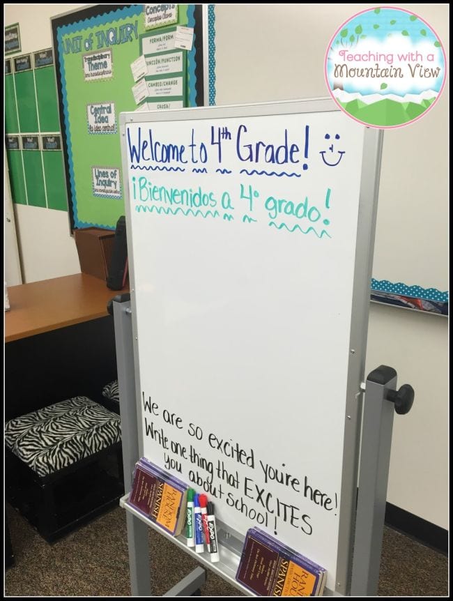 Whiteboard welcoming students to 4th grade