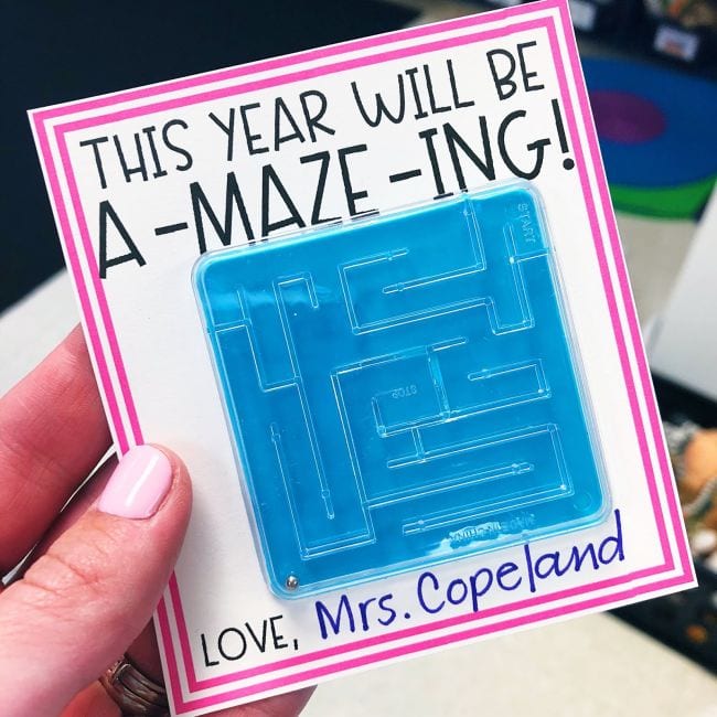Card with words This year with be A-Maze-ing and a miniature maze