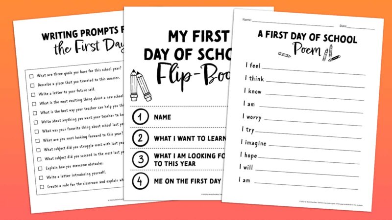 First Day of School Writing Prompts, First Day of School Flip Book, First Day of School Poem