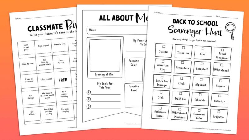 Three black and white worksheets with instructions for first day of school activities