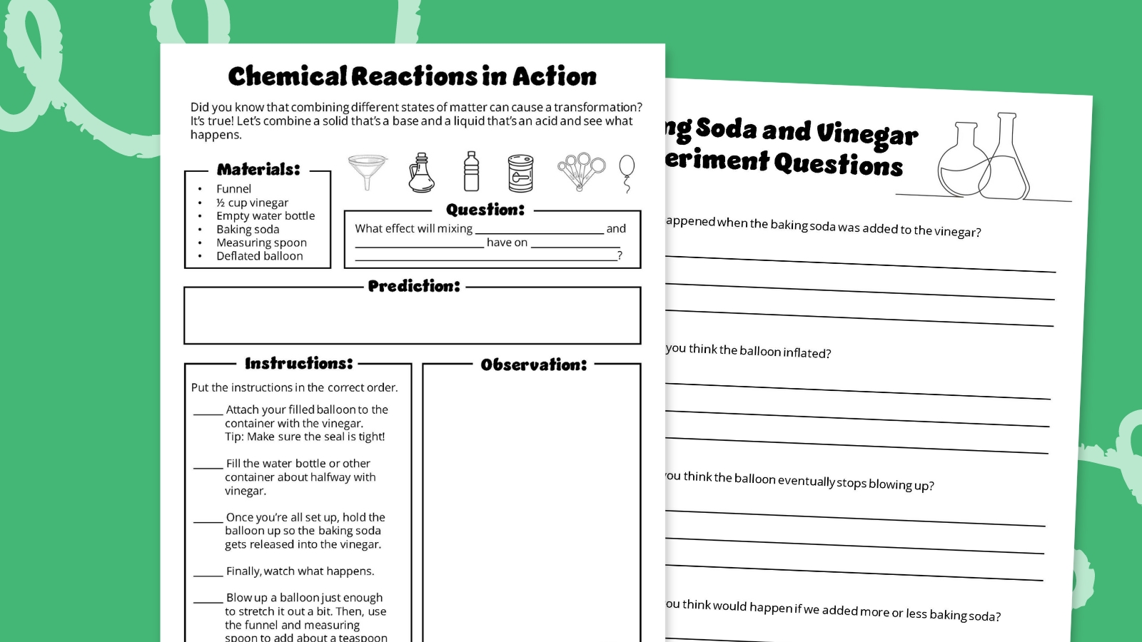 Baking soda and vinegar experiment printable worksheets on green background.