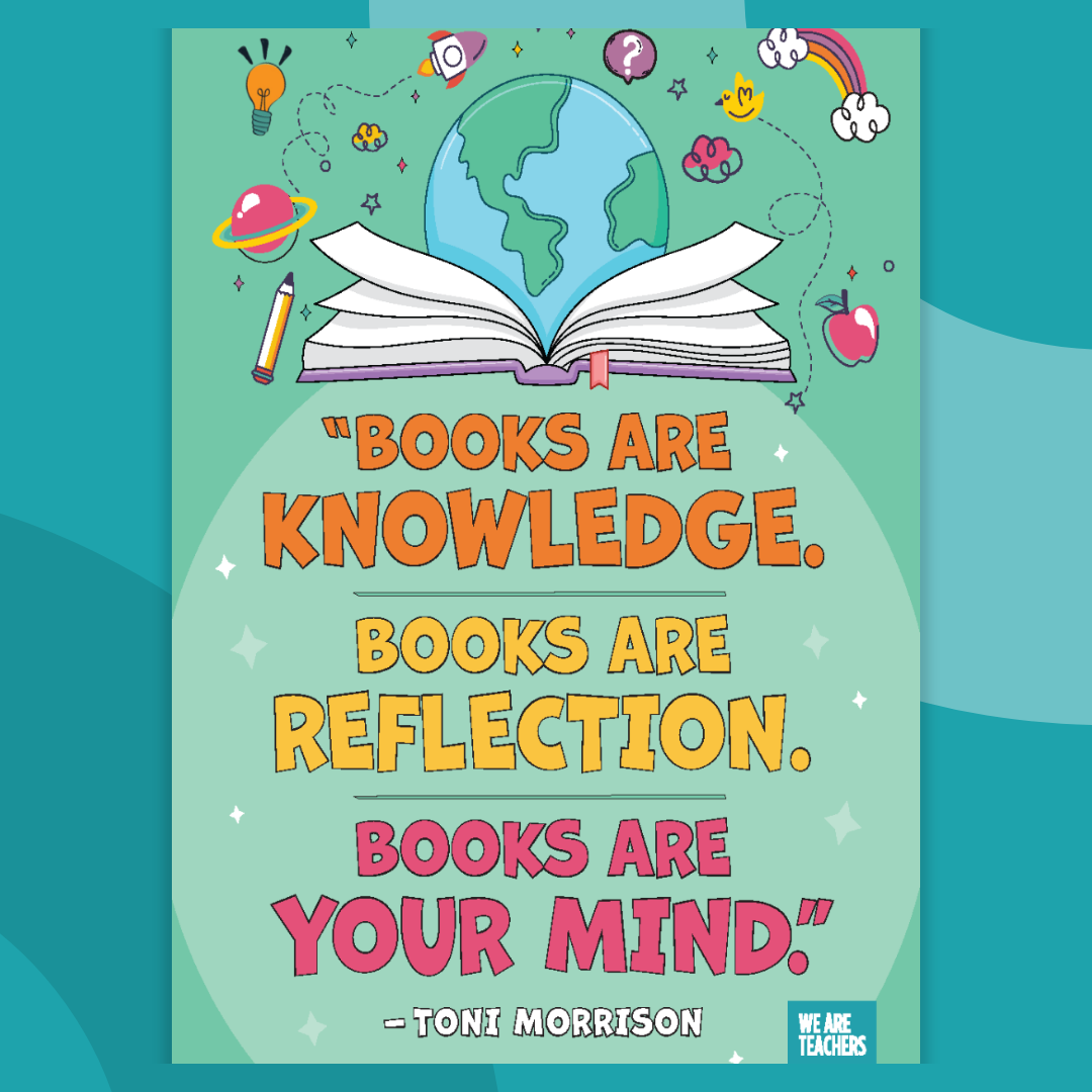 Image of a quote from Toni Morrison that says, "Books are knowledge. Books are reflection. Books are your mind."
