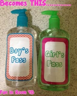 Bathroom Policy using hand sanitizers labelled boy's pass and girls pass 