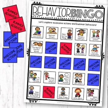 picture of Behavior Bingo game card and game pieces