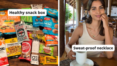 Paired image of healthy snack box and sweat-proof necklace