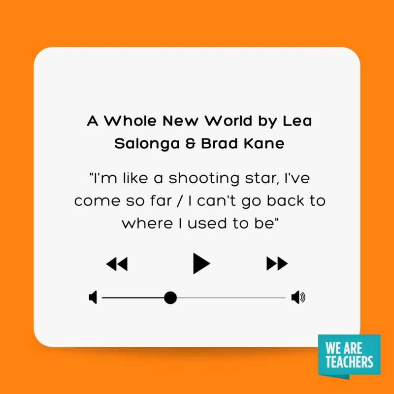 A Whole New World by Lea Salonga & Brad Kane "I'm like a shooting star, I've come so far I can't go back to where I used to be"