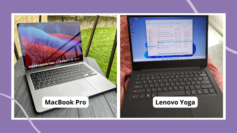 Collage of best laptops for teachers in 2023, including MacBook Pro and Lenovo Yoga