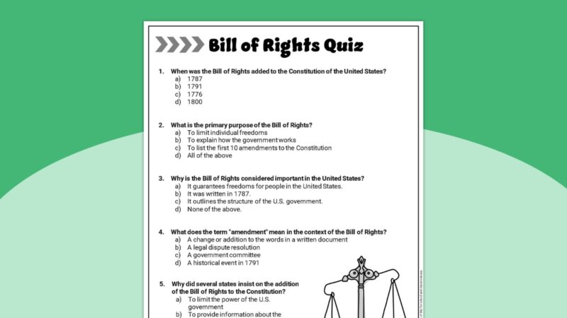 Bill of Rights Worksheet reading comprehension quiz questions.