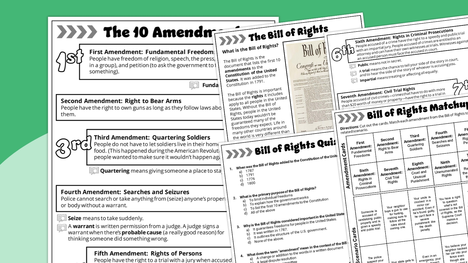 Collage of a bundle of Bill of Rights Worksheets