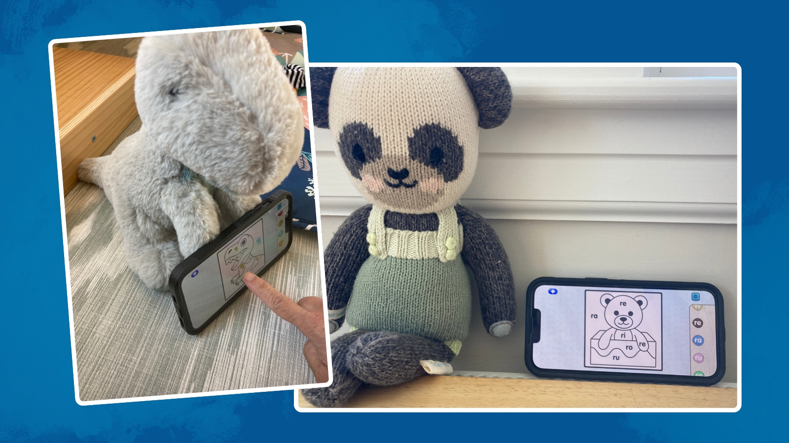 Image of stuffed animals next to the Bimi Boo Academy app on a cell phone