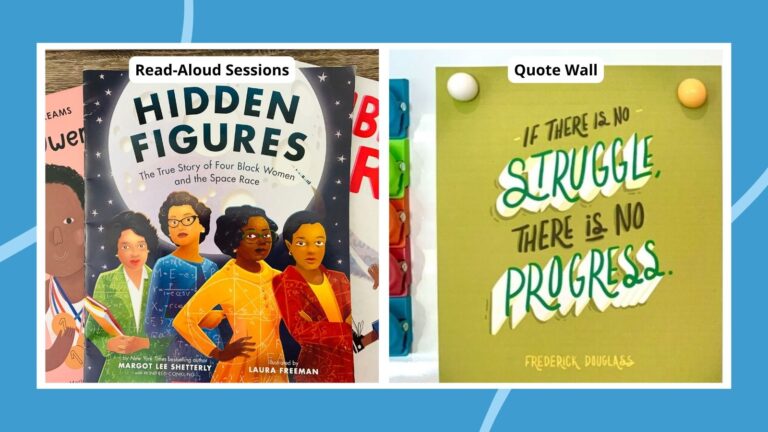 two examples of black history month activities that include read-aloud sessions and a quote wall that features a quote from Fredrick Douglas