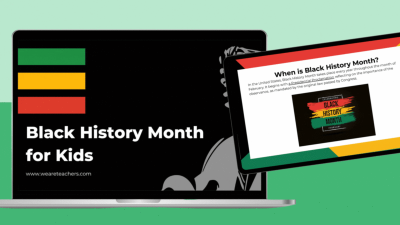 Gif featuring laptop and table screens showing various Black History Month Google Slides