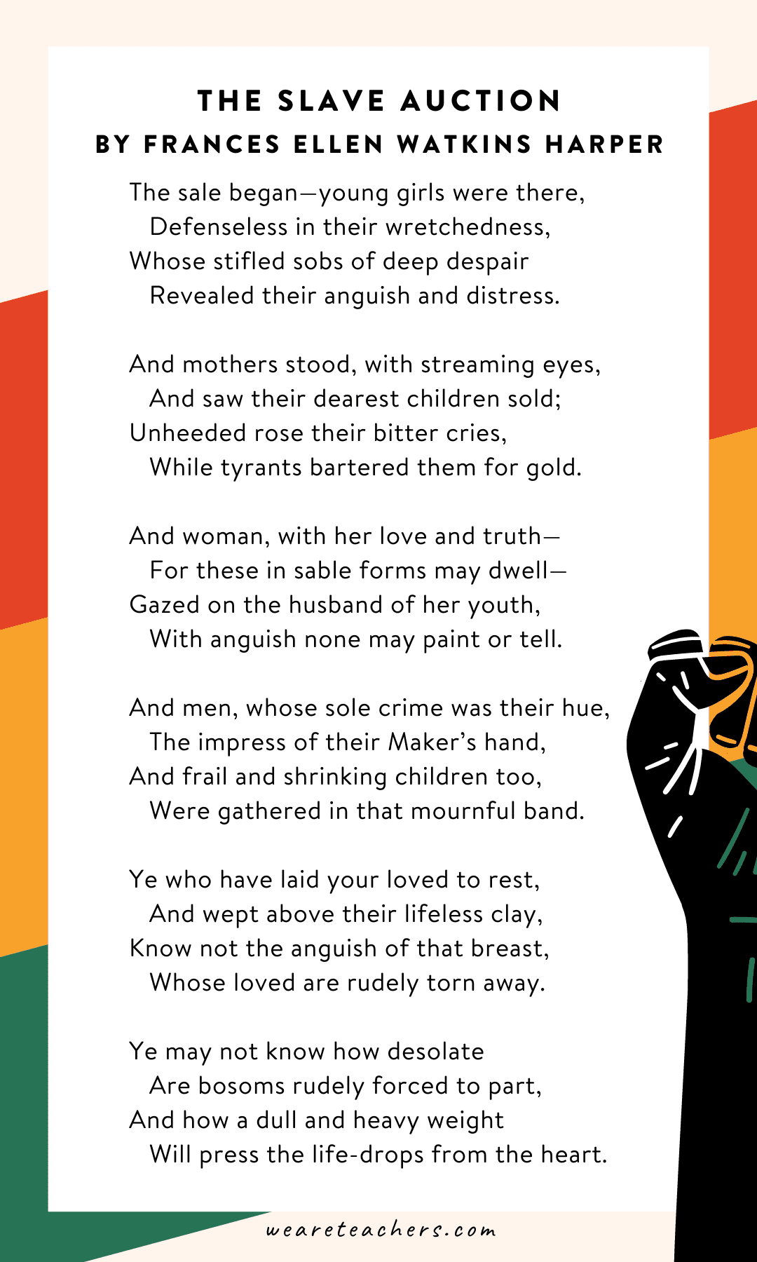 The Slave Auction by Frances Ellen Watkins Harper “The sale began—young girls were there…”, as an example of Black History Month Poems for Kids