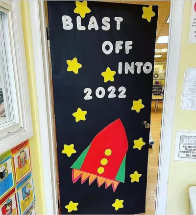 blast off into 2022 classroom door welcome back to school outer space rocket ship