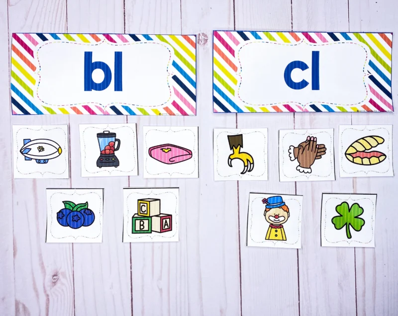 Pictures with beginning blends "bl" and "cl" sorted into these two categories 
