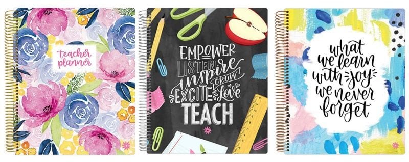 Collage of Bloom planner covers, including floral and school supply motifs