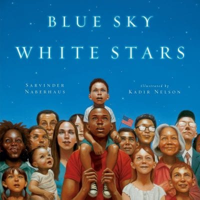 Book cover of Blue Sky White Stars with illustration of a group of children looking up at the night sky