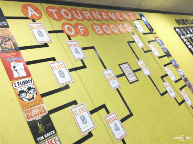 a school bulletin board showcasing a Book Madness bracket