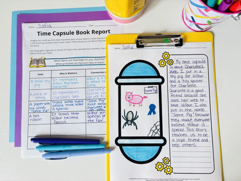 Book Report Template an image of two printable book report templates that include a time capsule theme