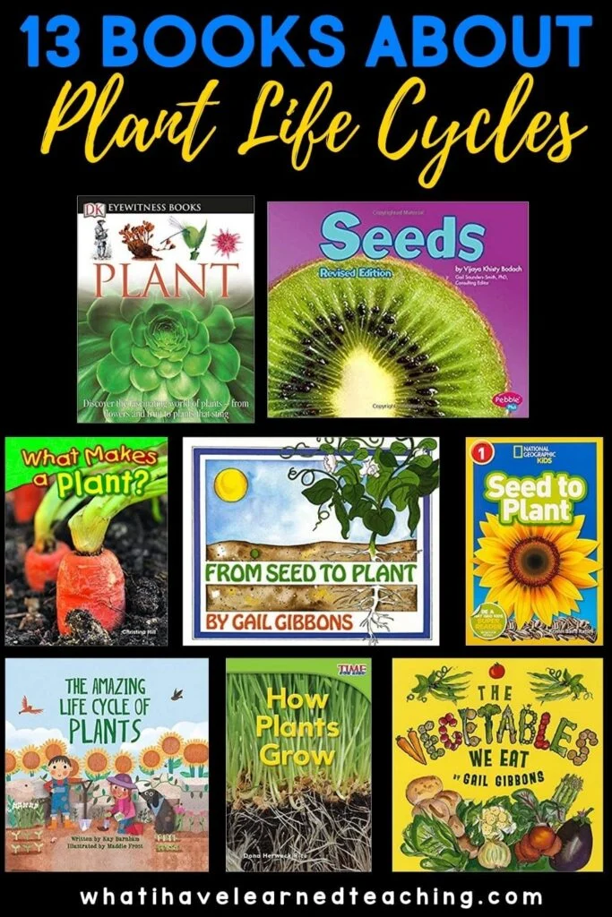A collage of children's books on the topic of plant life cycle