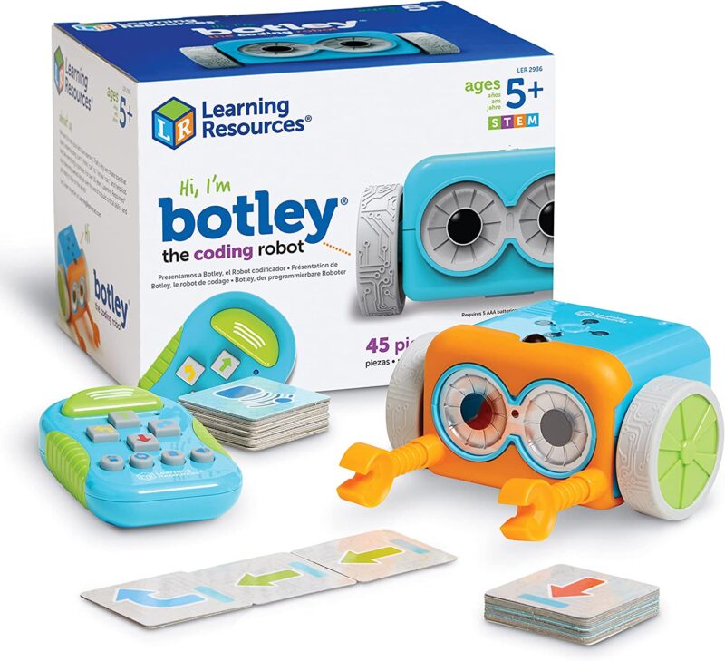 A box is in the background and an orange robot with large eyes and a remote is in the foreground.