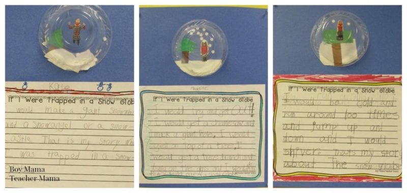 Classroom winter crafts for snow globe writing.