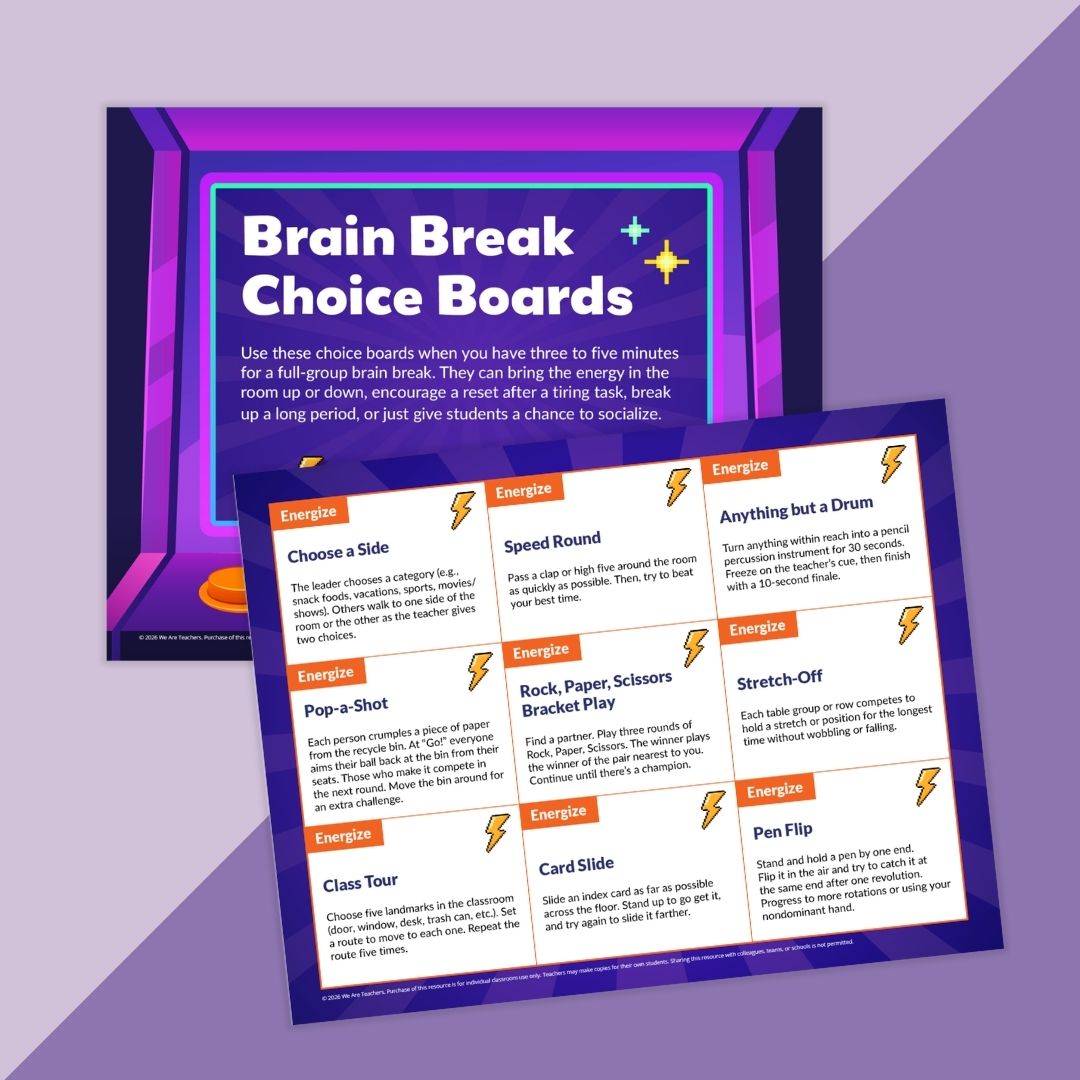Images of brain break activities for middle and high school students.
