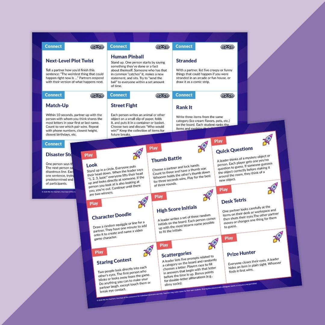 Images of task cards from the Brain Break Arcade for secondary students.