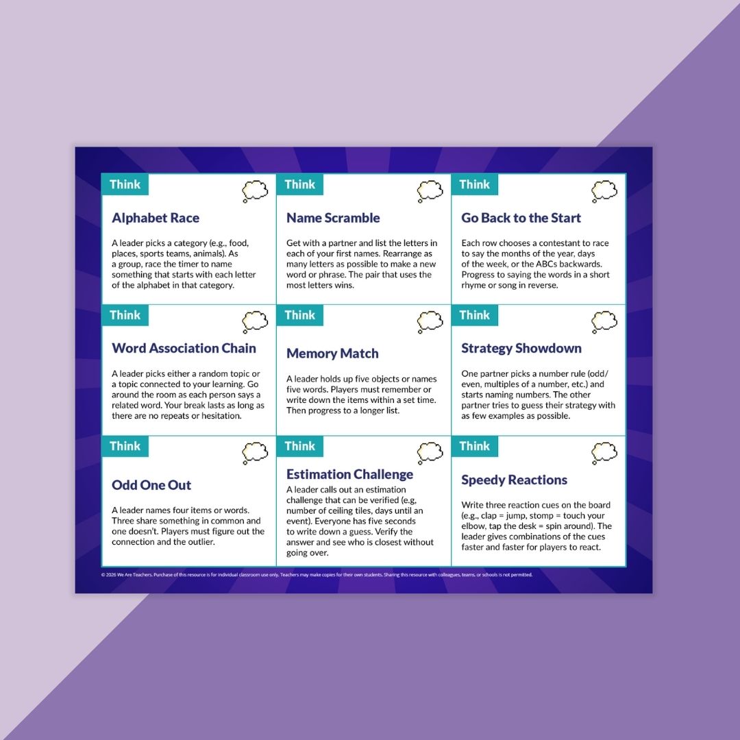Image of task card options for a brain break activity for middle or high school students.