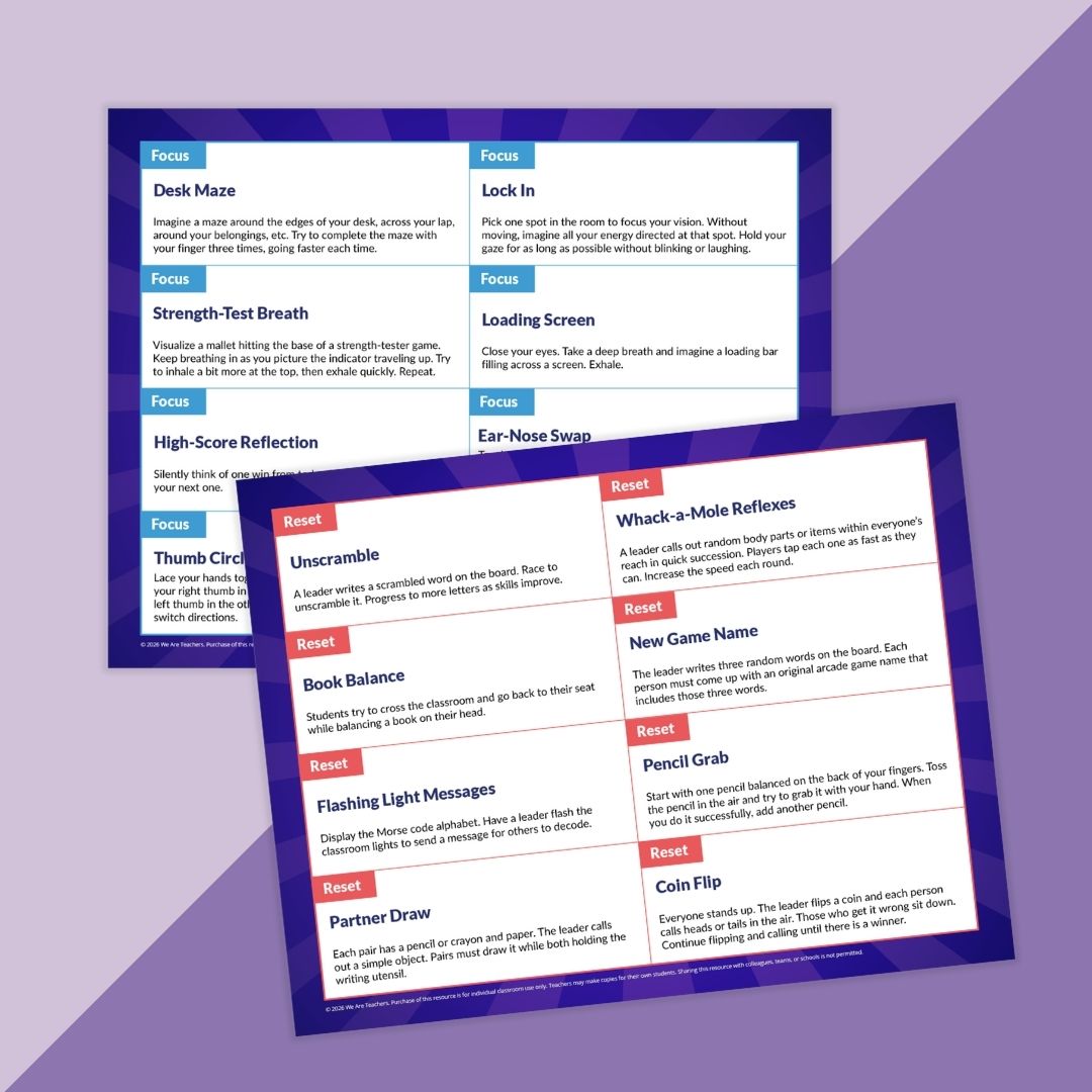 Images of brain break activities for middle and high school students.