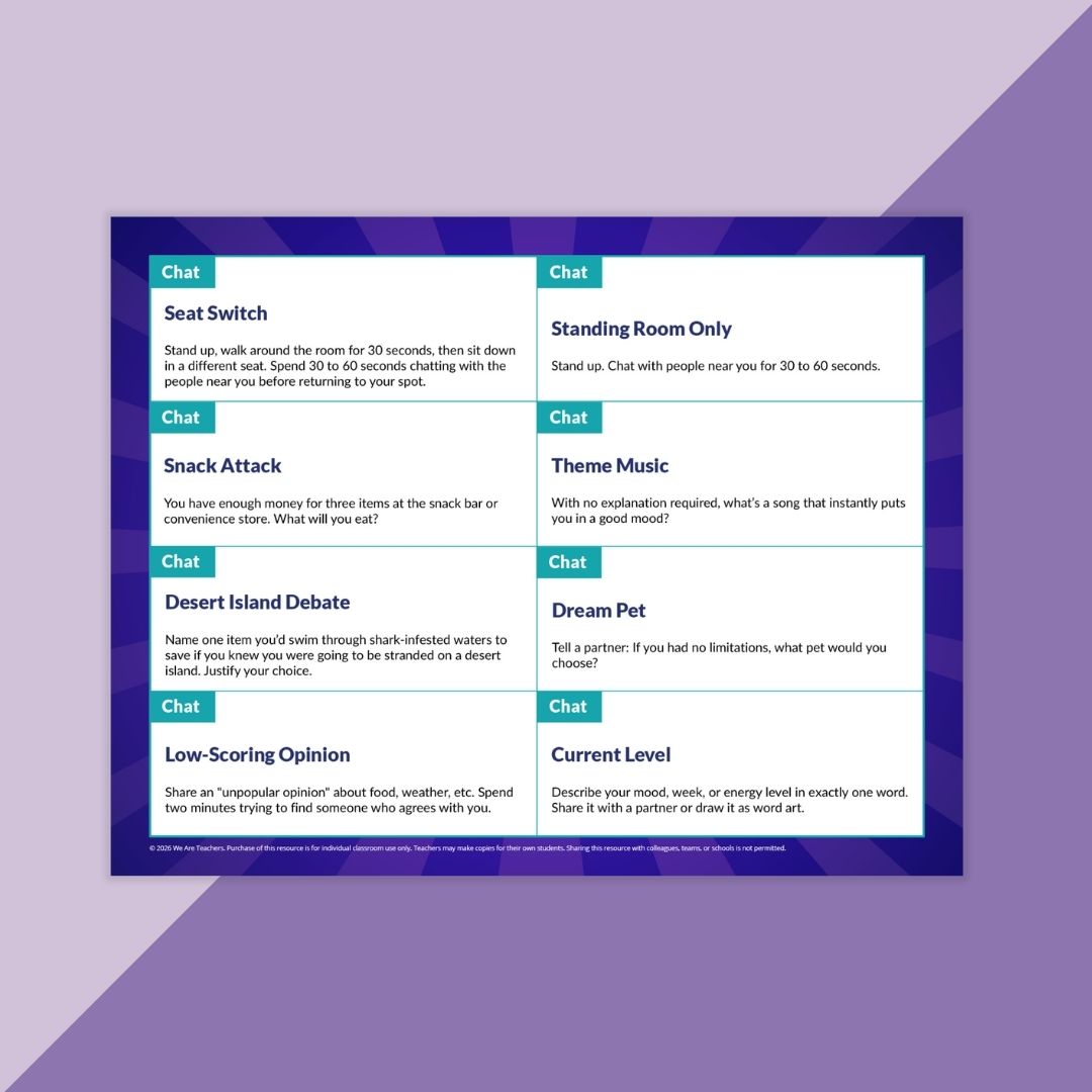 Image of a slide from the Images of task cards from the Brain Break Arcade for secondary students.