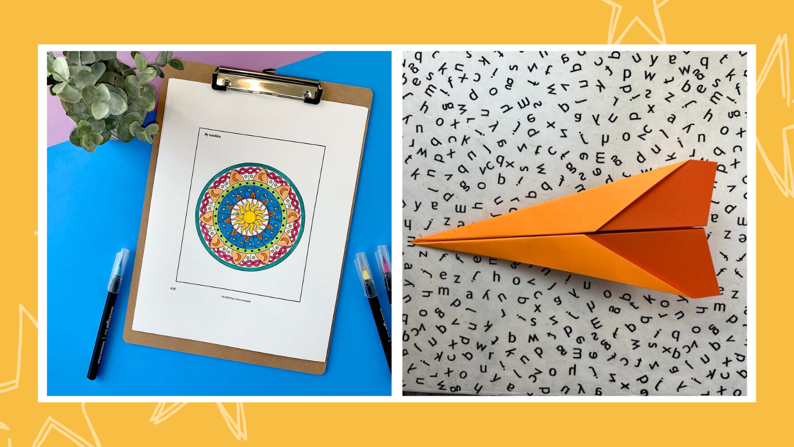 Examples of brain breaks for kids, including coloring a mandala and making paper airplanes.