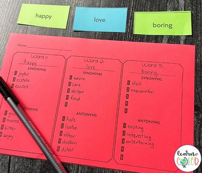 materials for synonym and antonym game with three word cards and , and a red sheet for recording synonyms and antonyms underneath, as an example of activities on synonyms 