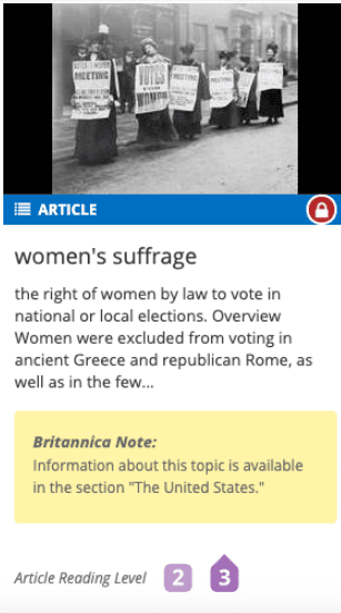 Screenshot of a lesson on women's suffrage from Britannica