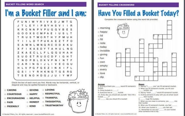 Printable Bucket Filler word search and crossword puzzle worksheets 