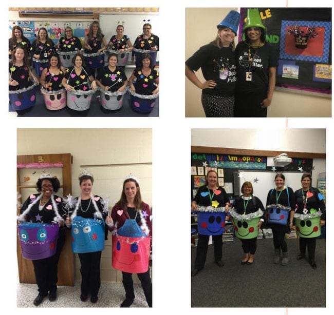 Collage of teachers dressed in large plastic bucket costumes (Bucket Filler Activities)