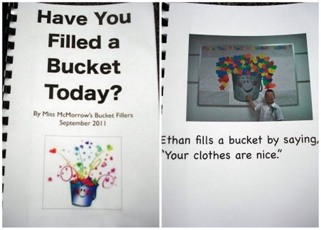 Homemade book called Have You Filled a Bucket Today with one page showing a child saying "Your clothes are nice."
