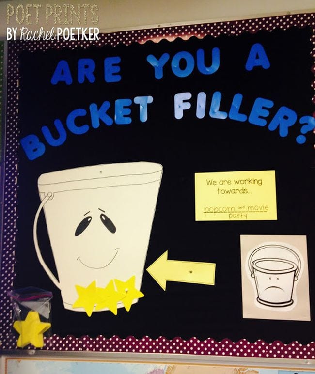 Bulletin board with paper buckets; text reads Are You A Bucket Filler? as an example of bucket filler activities