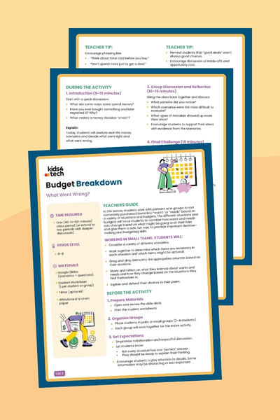 Budget Breakdown: A Real-World Money Mistakes Challenge for Teens Images of the teacher's guide from Budget Breakdown: A Real-World Money Mistakes Challenge for Teens.