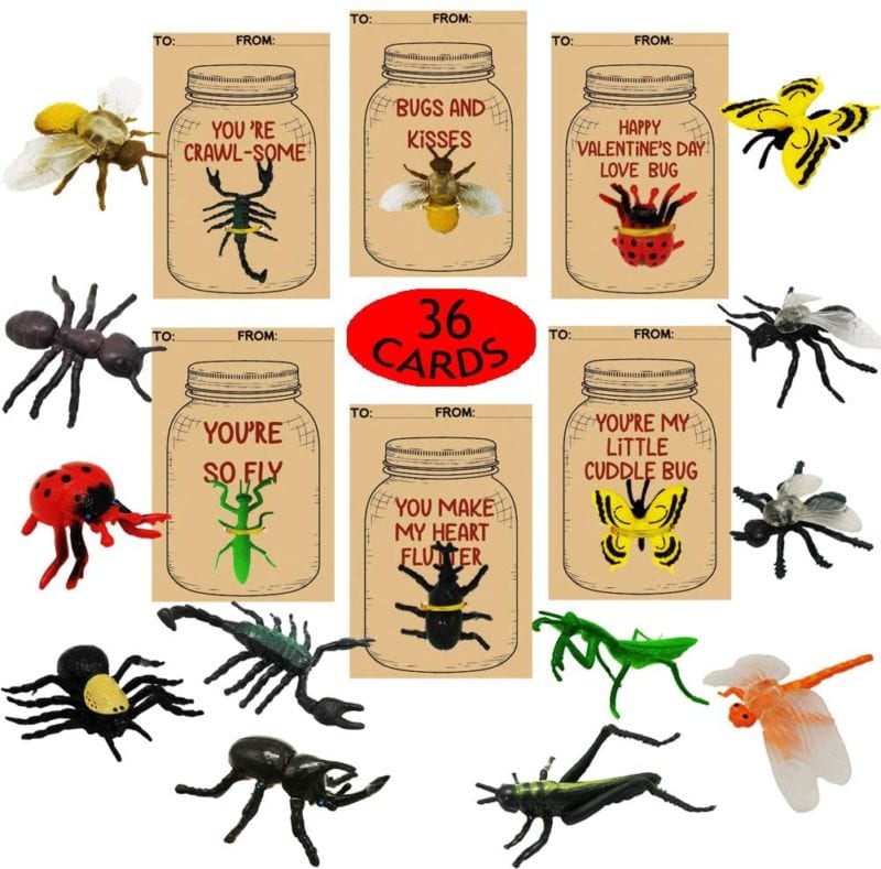 Collection of mini bug figurines and valentine's day cards with punny sayings about bugs