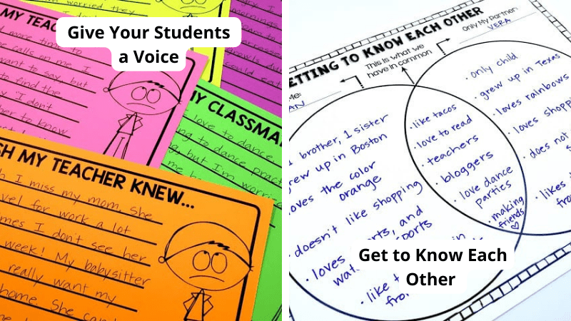 Left image shows brightly colored index cards that say what I wish my teacher knew; the right image shows a venn diagram that says Getting to Know You.