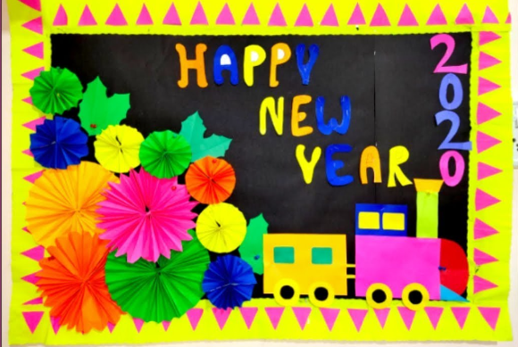 a black background says Happy New Year. There are bright flowers and a train.