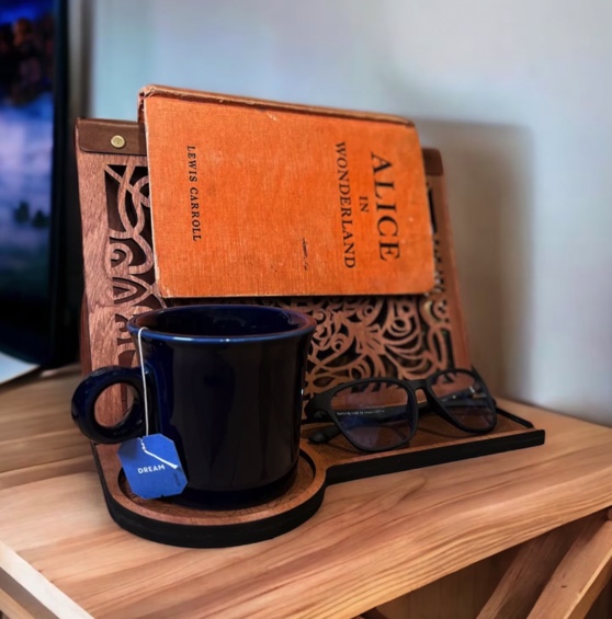 bookstand carved rom wood with book, mug and glasses for a gift idea for a book lover 