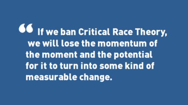 White quote on blue background: If we ban Critical Race Theory, we will lose the momentum of the moment and the potential for it to turn into some kind of measurable change.