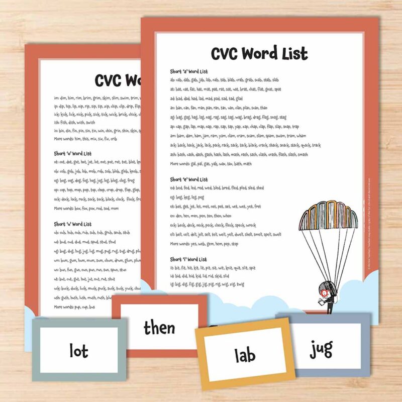 Two printable CVC word lists on a desk with CVC word flashcards.